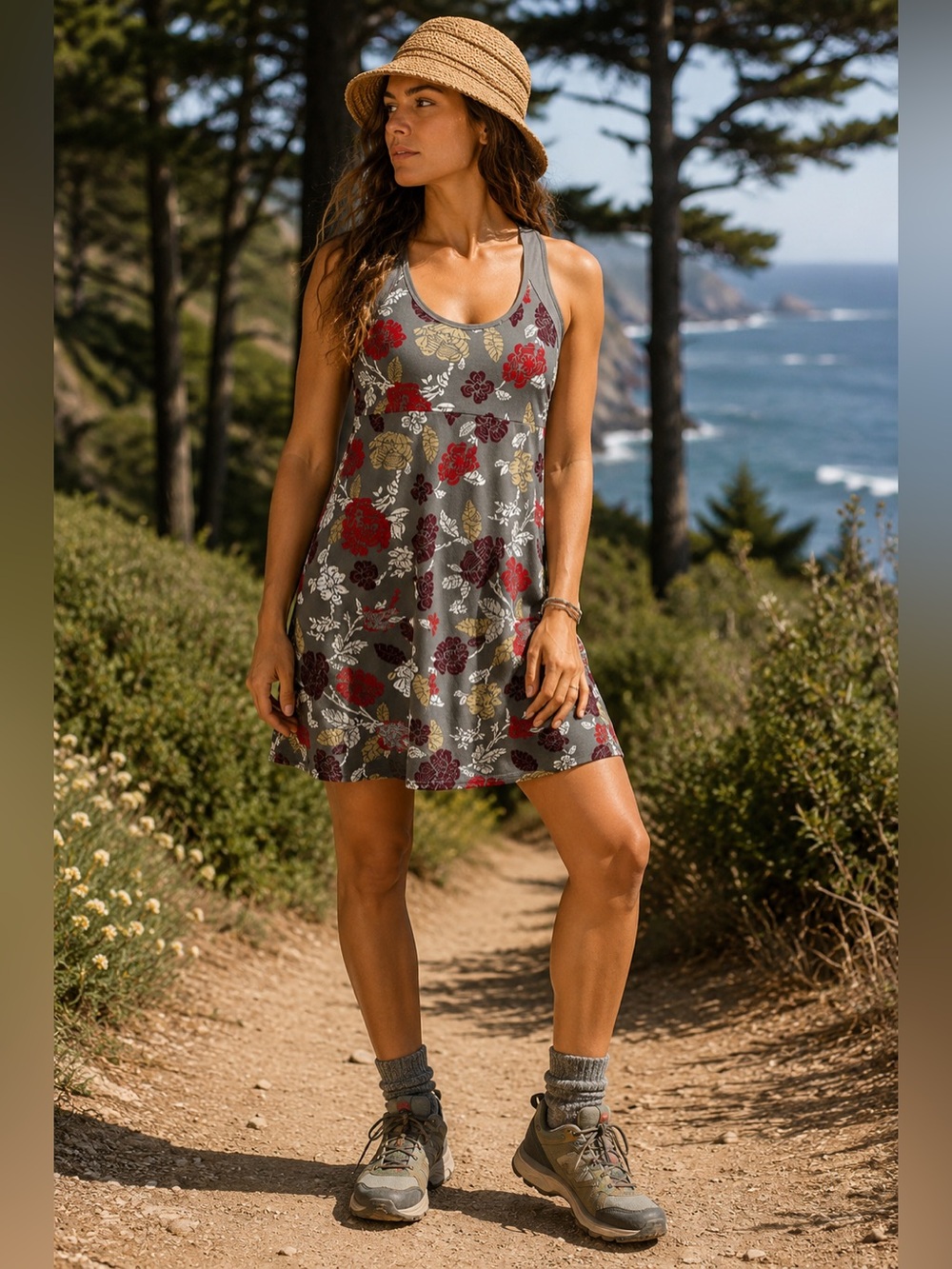Patagonia Morning Glory Gray Red Floral Shelf Bra Athleisure Outdoor Dress
